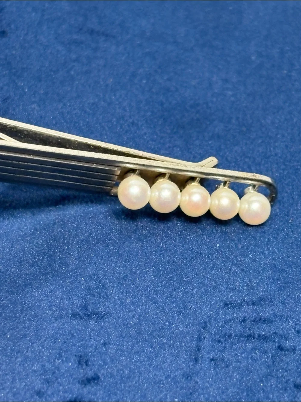 RARE Vintage K. Mikimoto Tokyo Silver Tie Clip 5 Akoya Pearls MCM Signed